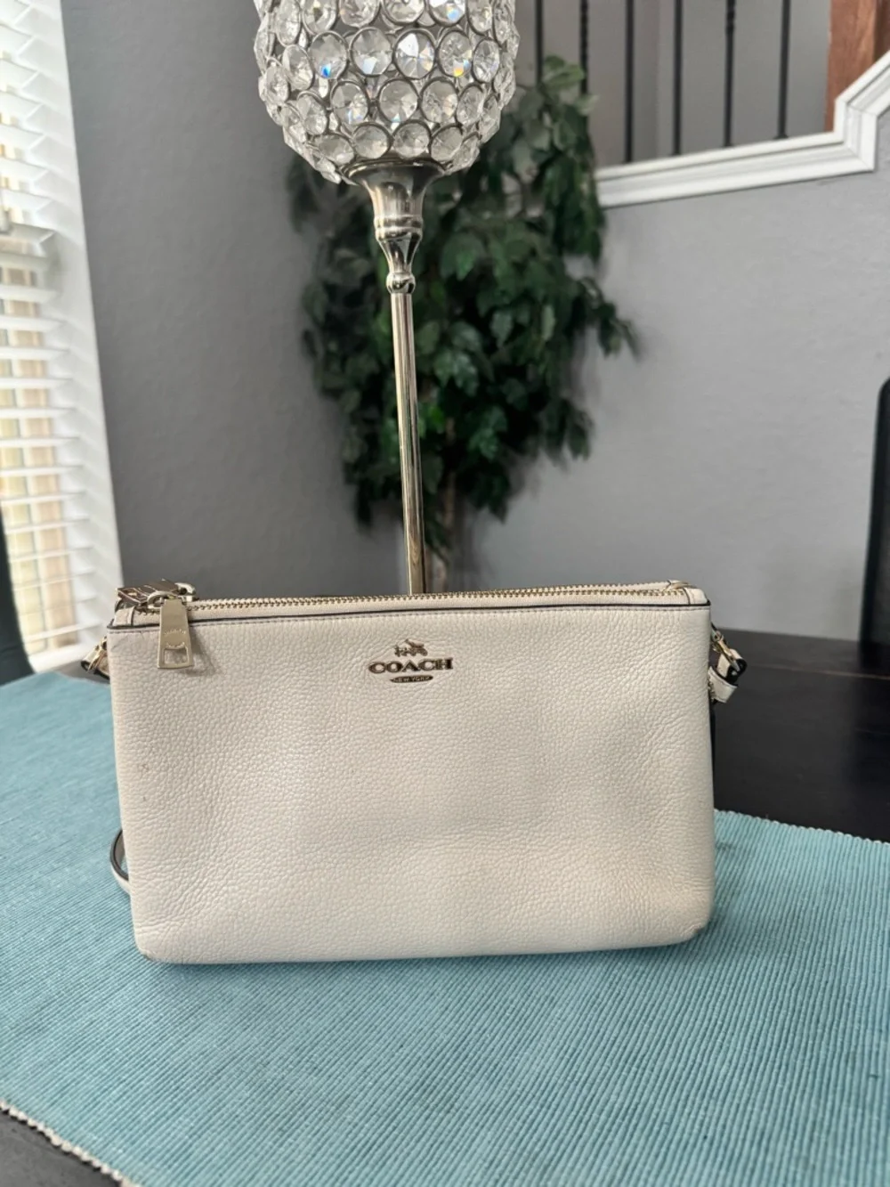 Coach Cream Pebbled Leather Double Zip Crossbody